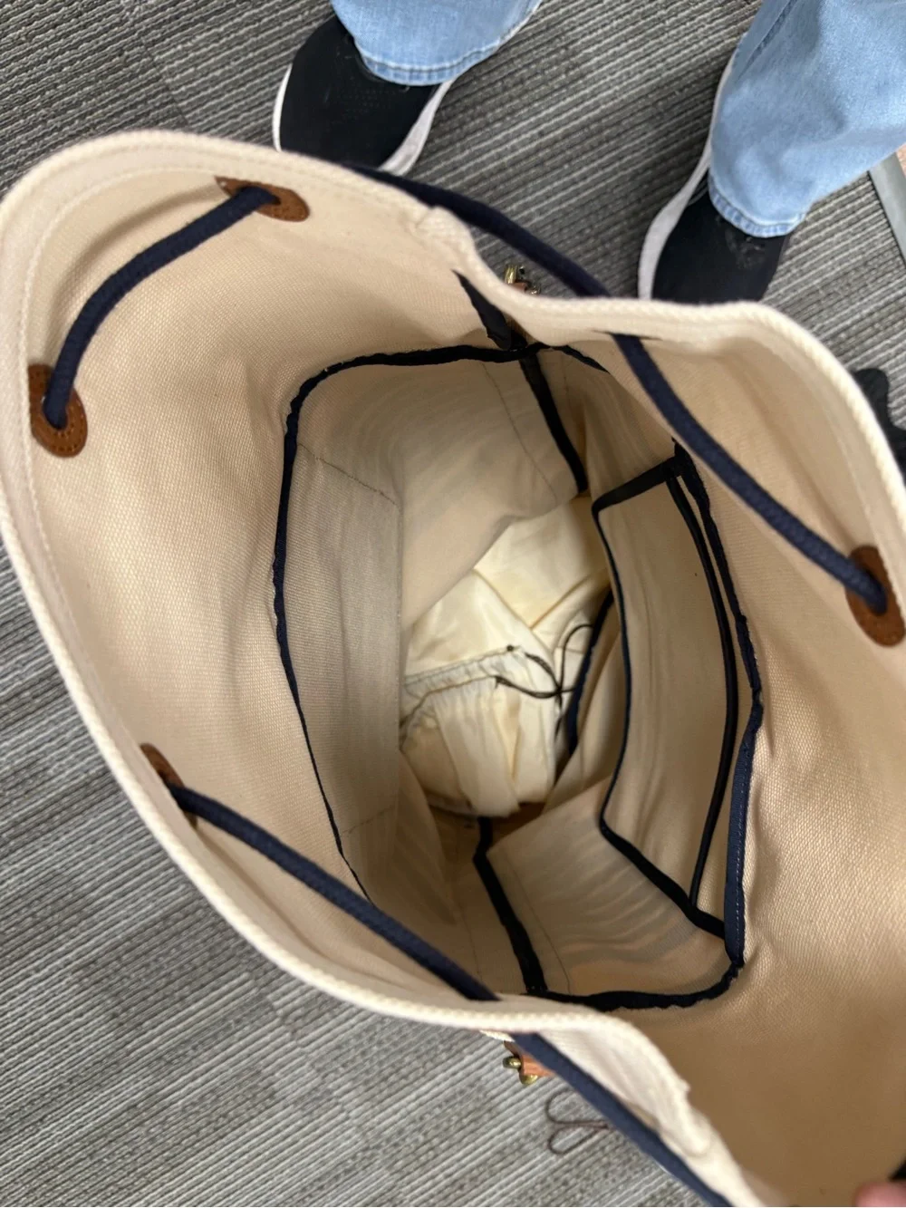 Coach Heritage Beach Navy and White Striped Canvas Backpack with Brown Trim